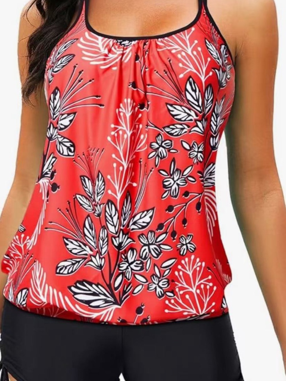 Yonique Red Floral Tankini Top with Black Shorts
